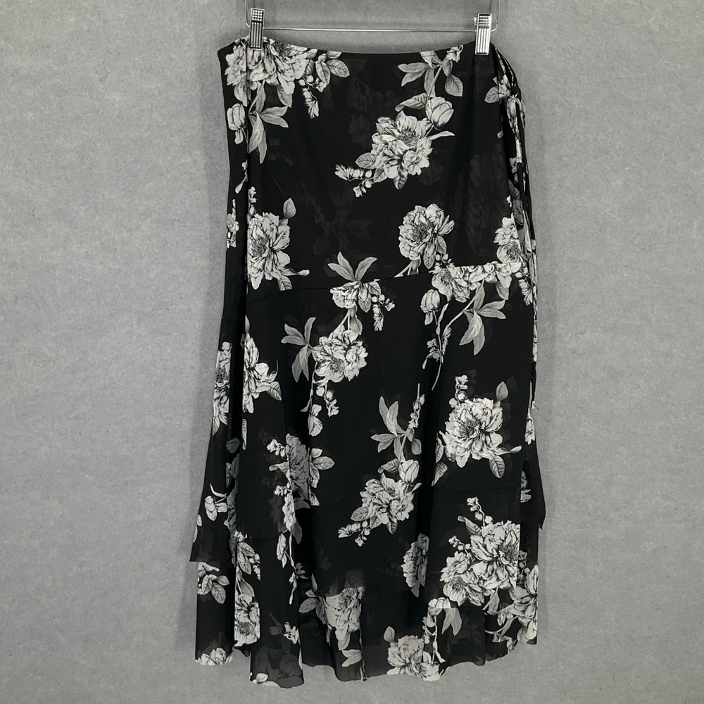 WHBM Wrap Skirt Women's 18 Black‎ Floral Print Chiffon Lined Layered Whimsical